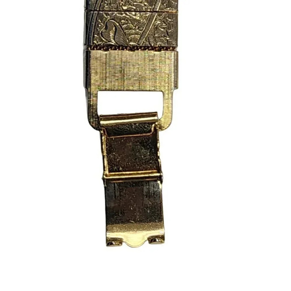 Vintage Engraved Etched Floral Panel Back Bangle Bracelet Gold Tone - Picture 4 of 4